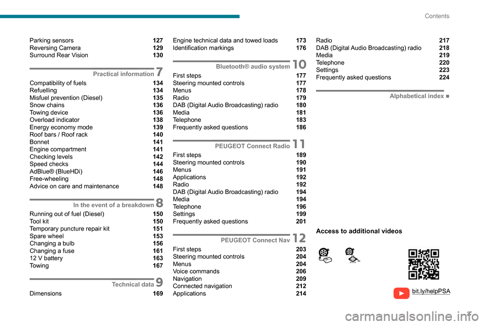 Peugeot Partner 2020  Owners Manual 3
Contents
  
  
bit.ly/helpPSA 
 
 
Parking sensors  127
Reversing Camera  129
Surround Rear Vision  130
 7Practical information
Compatibility of fuels  134
Refuelling  134
Misfuel prevention (Diesel