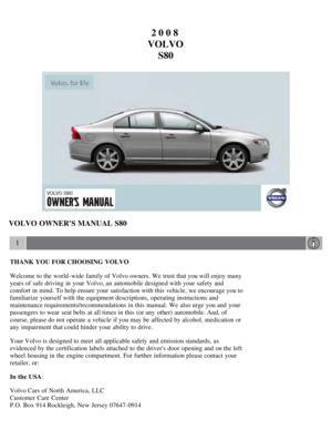 2008 VOLVO S80 Owners Manual